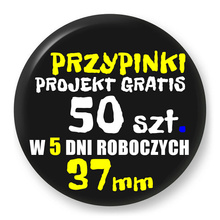 Przypinki z logo 37mm (50 szt.) - Buttony na zamówienie z projektem gratis w 5 dni