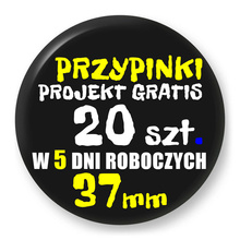 Przypinki z logo 37mm (20 szt.) - Buttony na zamówienie z projektem gratis w 5 dni