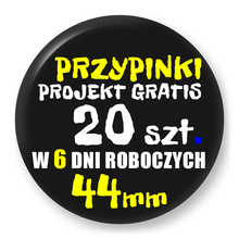 Przypinki z logo 44mm (20 szt.) - Buttony na zamówienie z projektem gratis w 6 dni