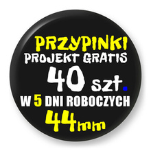 Przypinki z logo 44mm (40 szt.) - Buttony na zamówienie z projektem gratis w 5 dni